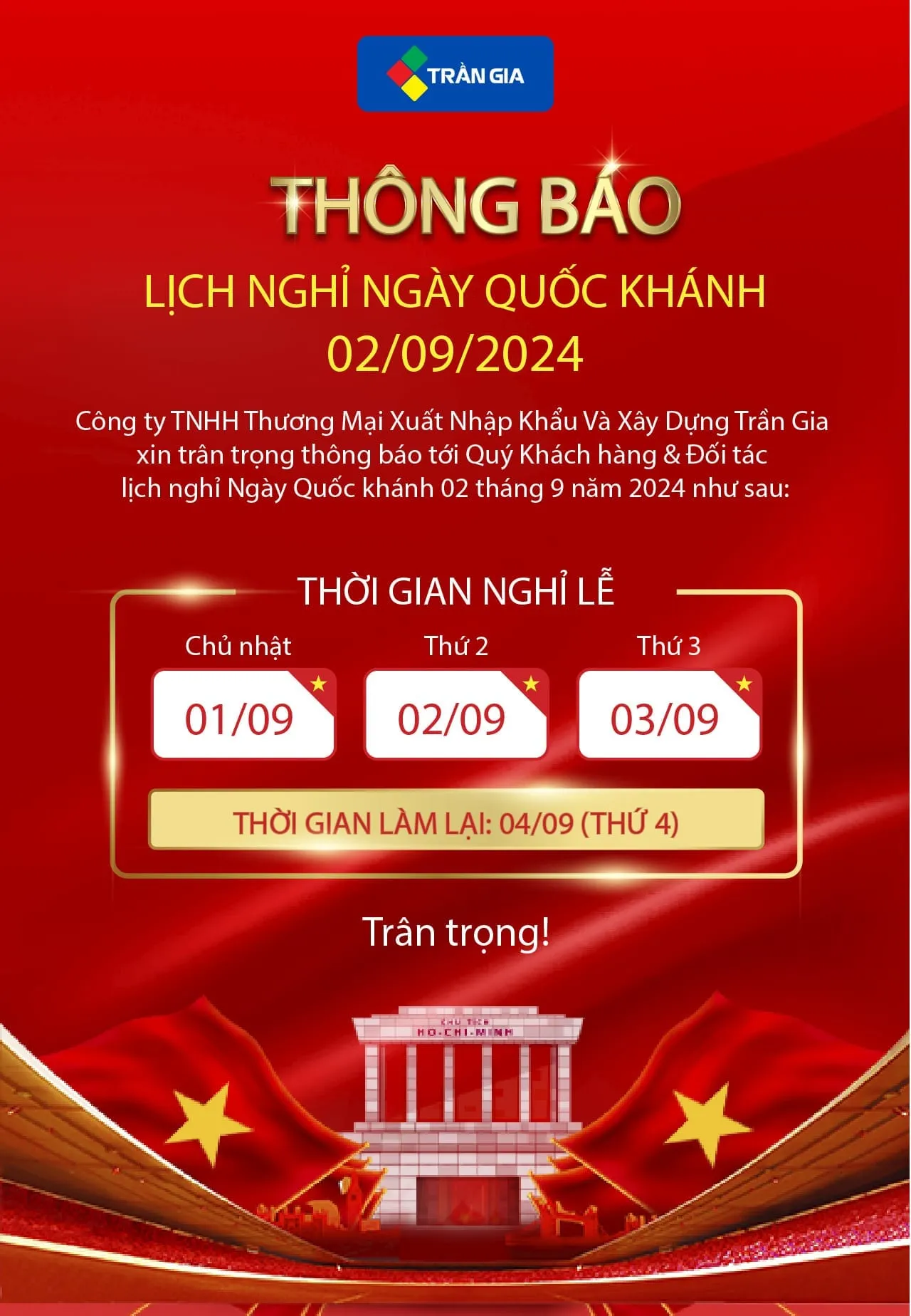 THÔNG BÁO NGHỈ LỄ QUỐC KHÁNH 2.9
