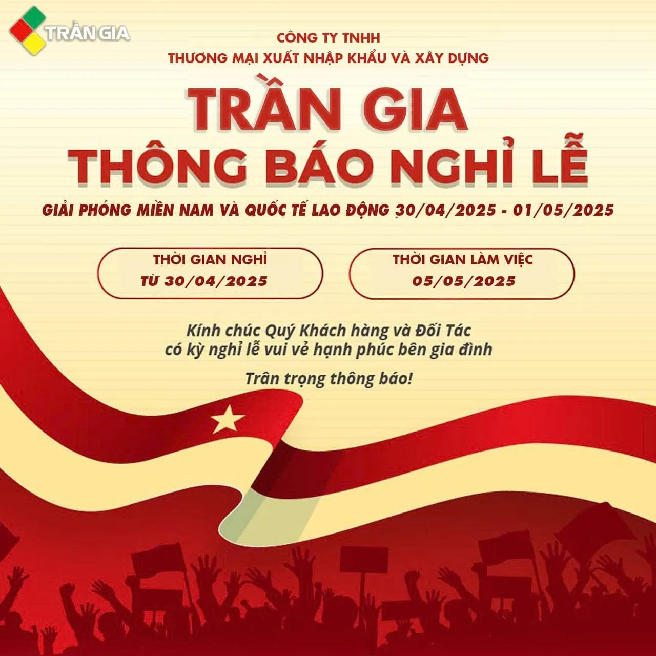 THÔNG BÁO NGHỈ LỄ 30/4 & 1/5 – TRẦN GIA LOGISTICS
